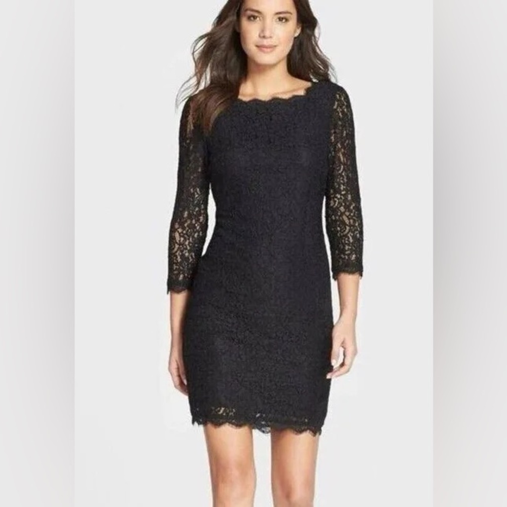 Adrianna Papell | Black Lace Scalloped Sheath Cocktail Dress